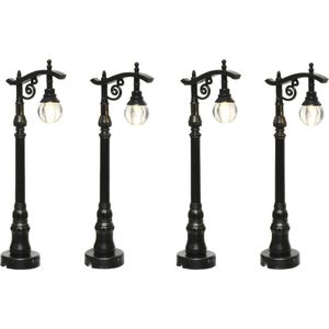 4x stuks kerstdorp straatlantaarns/lantaarnpalen met verlichting 10 cm - Kerstdorp maken onderdelen - miniatuur lantaarns