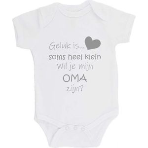 100% katoenen Romper Zwangerschap Aankondiging 2.0 ""Geluk is soms heel klein wil je mijn OMA zijn?"" Unisex Katoen Wit/grijs Maat 56/62