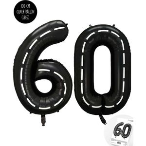 Cijfer Helium Folie Ballon XXL - 60 jaar cijfer - Zwart - Wit - Race Thema - Formule1 - 100 cm - Snoes