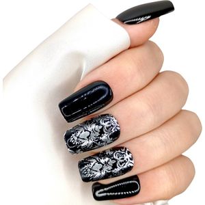 SD Press on Nails - No. 39 Chemical Romance - Medium Recht - Zwart met zilver - Plaknagels - Gelnagels - Handgemaakte Nagels - 20 stuks - Cosplay - Accessoires - (gel)Nagellak - Nagelstudio - Nail Art - Nagels met lijm - M Nageltips
