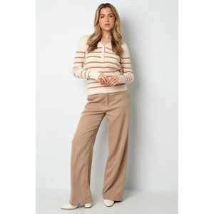 Bruin Gestreepte Trui - Trendy Dames Truien - Sweaters - V-hals & Knoopjes - Maat S - Bruin/Beige