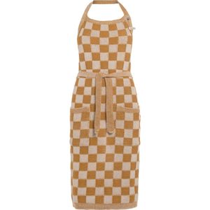 Knit Factory Gebreide Keukenschort Dames & Heren - Kookschort - Kokssloof - Keukensloof - Koksschort - Barbecue schort Block - Ecru/Oker - Geel - One Size - Met steekzakken