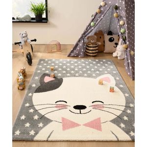 Vloerkleed kinderkamer kat - Adventures grijs/roze 160x230 cm