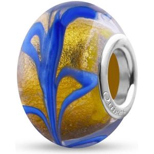 Quiges - Glazen - Kraal - Bedels - Beads Goud met Blauw Blad Patroon Past op alle bekende merken armband NG2023