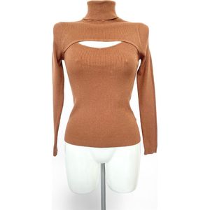 Cut out knitted top - Bruin/camel - Trui met stretch voor dames - Top met col - Trui voor vrouwen - Een geheel - Veel stretch - One-size - Een maat