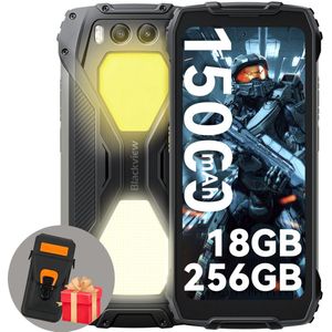 Blackview BV7300 - Outdoor Smartphone - 15000mAh - 18GB RAM - 256GB ROM - Met Leren Hoesje - Dual 800LM Campingverlichting - 50MP Nachtzichtcamera IP68 - NFC - Zwart