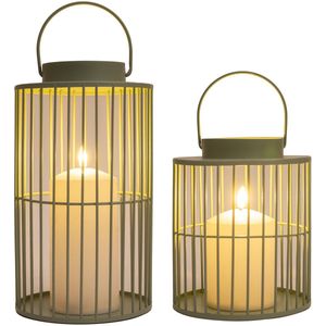 Anna Collection Windlicht/kaarsenhouder met LED kaars - 2x stuks - groen - buiten lantaarn - metaal