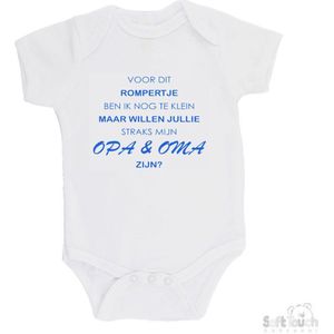 100% katoenen Romper ""Voor dit rompertje ben ik nog te klein maar willen jullie straks mijn opa & oma zijn"" Jongens Katoen Wit/blauw Maat 62/68