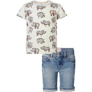 Noppies - Kledingset - 2DELIG - Short Jeans Ghent Mid Blue Denim - Shirt Romney Oatmeal - Maat 128