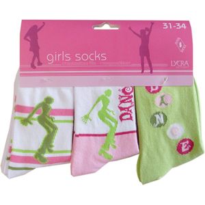 Meisjes sokken - katoen 6 paar - dancing - maat 27/30 - assortiment wit/groen/roze - naadloos