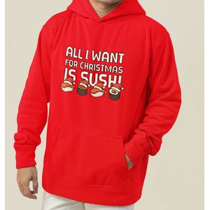 Foute Kerst Hoodie Rood All I Want For Christmas Is Sushi XS