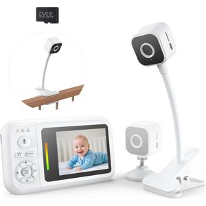Provento - Babyfoon camera met clip en houder, 1080p babycamera, nachtzicht, bidirectionele audio, huildetectie, 32G-kaart.