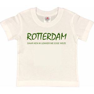 Rotterdam Kinder t-shirt | Rotterdam daar ken ik lekker me eige weze | Verjaardagkado | verjaardag kado | grappig | jarig | Rotterdam | Feyenoord | cadeau | Cadeau | Wit/groen | Maat 158/164