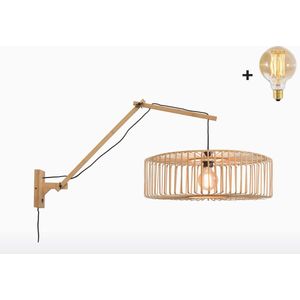 Wandlamp met Lange Arm - BROMO - Bamboe - Naturel Kap (60x18cm) - Met LED-lamp