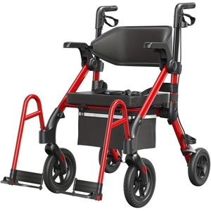 Rollator – Wandelwagen – Looprek – Rolstoel – Loopwagen – 2-in-1 Rollator met Zitje – Lichtgewicht Opvouwbaar Design – Handremmen voor Veiligheid – Rood