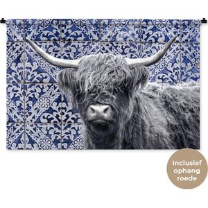 Wandkleed - Wanddoek - Schotse hooglander - Delfts blauw - Zwart - Wit - 150x100 cm - Wandtapijt