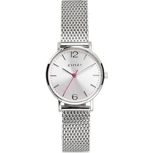 ZINZI Lady horloge zilvergekleurde wijzerplaat en kast stalen mesh band 28mm extra dun ZIW602M