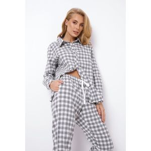 Dames Pyjama Stacy-Grijs/Wit Geruit-100% Katoen-Overhemd Top & Rechte Broek-Witte Bies Details-Maat XL