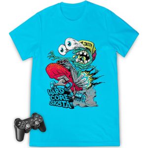 Jongens tshirt met print - Streetwear skatebord opdruk - Maat 116 t/m 164 - T shirt kleuren: wit, turquoise en rood.