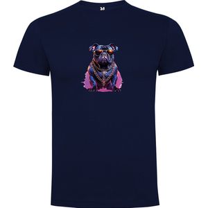 Donker Blauw T-Shirt met “Kleurrijke Bulldog met Zonnebril en kettingen “ Print Full Color Maat S