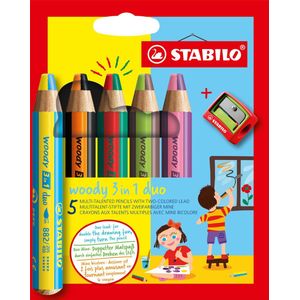 STABILO Woody 3 in 1 Duo - Multi Talent Kleurpotlood - Etui Met 5 Kleuren + Puntenslijper