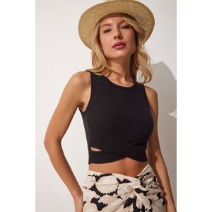 Happinessistanbul Zwarte Uitgesneden Gedetailleerde Crop-Gebreide Damesblouse Mc00179