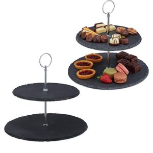 Relaxdays 2x etagère 2 laags - serveerschaal leisteen - serveerset - cupcakes - antraciet