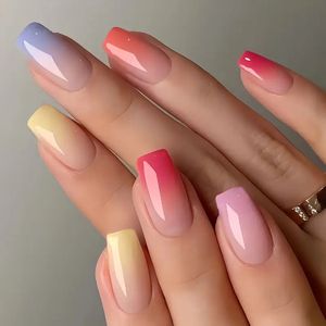 Press On - plaknagels - Franse Ombre Nagelset – Voor een Glanzende, Zomerse Franse Stijl - 24-delige Ombre Set - met Jelly Lijm & Vijl - Medium Lang