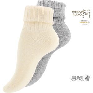 2 paar dames wollen sokken - met Alpacawol - Ecru/Grijs - Maat 35-38