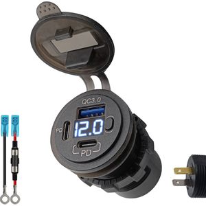 ProRide 12V USB C Stopcontact 3 Poorten Inbouw met Schakelaar/Voltmeter - QC3.0 - met Aansluitkabel 60cm en Glaszekering 10A - Blauw