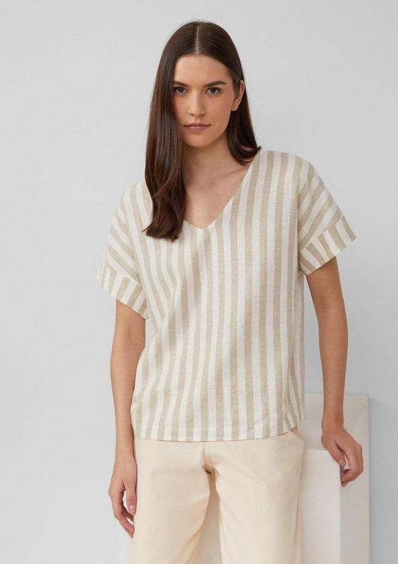 s.Oliver - T-Shirt - V-hals - Zacht - Jersey Stofmix met Linnen