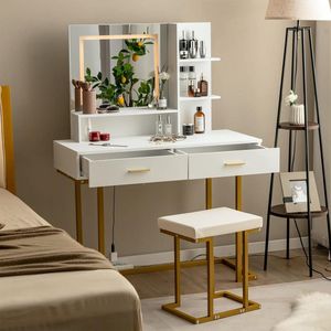 Make-uptafel met ledverlichting, grote spiegel, 2 laden en planken, kaptafel met gevoerde kruk, make-uptafel voor slaapkamer, wit + goud