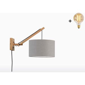 Wandlamp met Korte Arm - ANDES - Naturel Bamboe - Lichtgrijs Linnen - Met LED-lamp