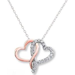 Fate Jewellery FJ479 – Eternal Love Collectie - Dubbele Hartje – 925 Zilver, Rosegoud verguld met Zirkonia kristallen - 45cm + 5cm