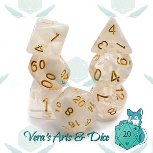 Polyset Dice | Dobbelstenen - Set Van 7 Stuks - Wit Doorzichtig Transparant Goud | Voor D&D en Andere Rollenspellen | Plastic Dobbelstenen Set voor Dungeons and Dragons | Polyhedral Dice Set | Met Mooie Zwarte Velvet Dice Bag voor Ongeveer 3 Sets