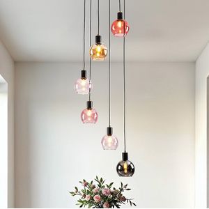 Hanglamp zwart met amber, smoke en roze glas, 6-lichts - Monroe