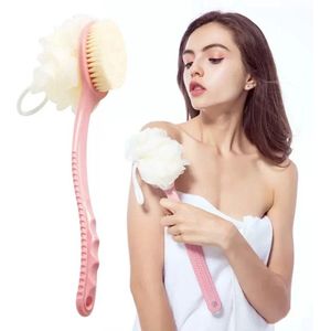 2 in 1 badborstel voor het wassen van het lichaam met zachte badspons | Terug scrub-tool | Lange steel Droge huid | Badborstel met mesh | Loofah Ball | Sponge Loofah | Badaccessoires