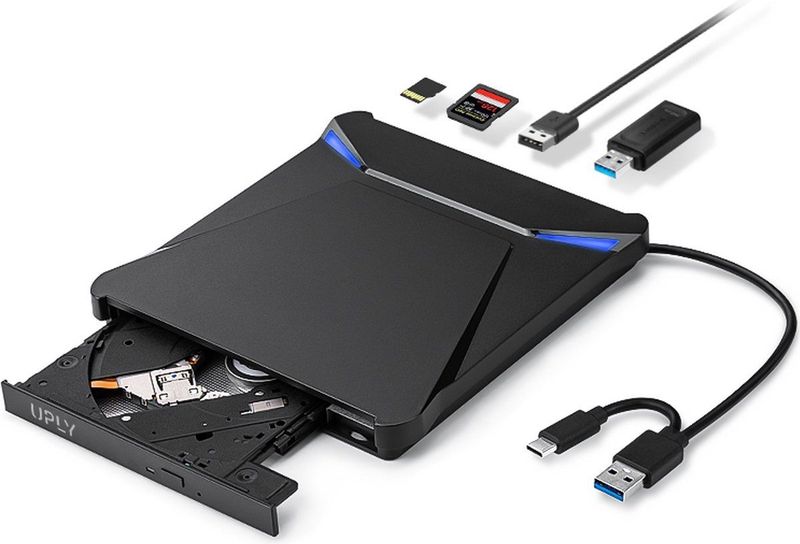 UPLY Externe DVD/CD Speler & Brander - Windows/Mac - USB-C/3.0 - Ingebouwde SD/TF-kaartlezer - voor Laptop
