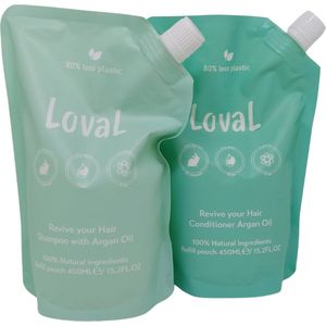 OP=OP - Loval - Geschenkset - Incl. gratis reisset twv €14,95 - Organische shampoo en conditioner met argan olie - 2 Navulzakken van 450ML - Shampoo en Conditioner zonder sulfaten, parabenen, siliconen en minerale olieën