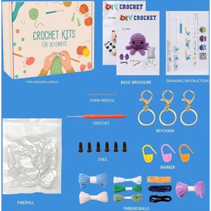 Complete haakset voor beginners, dieren, haken breien voor beginners set met haaknaalden, creatieve breiset, knutselset voor volwassenen en kinderen, cadeau (paarsgroen, blauw)
