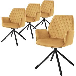 Eetkamerstoelen Set van 4 Fluwelen Draaistoelen in Mosterdgeel - Ergonomische Woonkamerstoelen met Arm- en Rugleuning