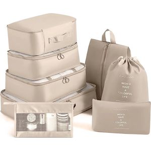 8-delige koffer-organizerset, compressiepakzakken, waterdichte verpakkingskubussen voor reisorganizer, reisorganizerset voor vakantie en reizen, beige