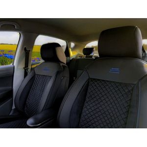 Autostoelhoezen voor Volvo V40 / S40 Typ V 1996-2004 in pasvorm| Set van 2 stuks | Bestuurder + Passagiersstoel AIS Serie | AIS102 | Zwart met blauwe stiknaden