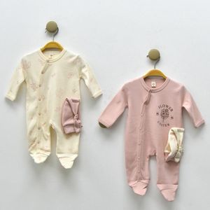 Baby Babykleding Babykleertjes Rompers & Boxpakken Boxpakjes Babykleding Meisje - Boxpakje - Print - 4-delig- Jumpsuit Baby - flower - blaadjes afgedrukt - Oudroze/ cream - Met drukknoopjes - Maat 56