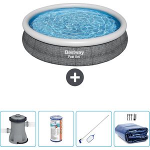 Bestway Rond Opblaasbaar Fast Set Zwembad - Rotanprint - 366 x 76 cm - Inclusief Pomp Filter - Schoonmaakset - Solarzeil