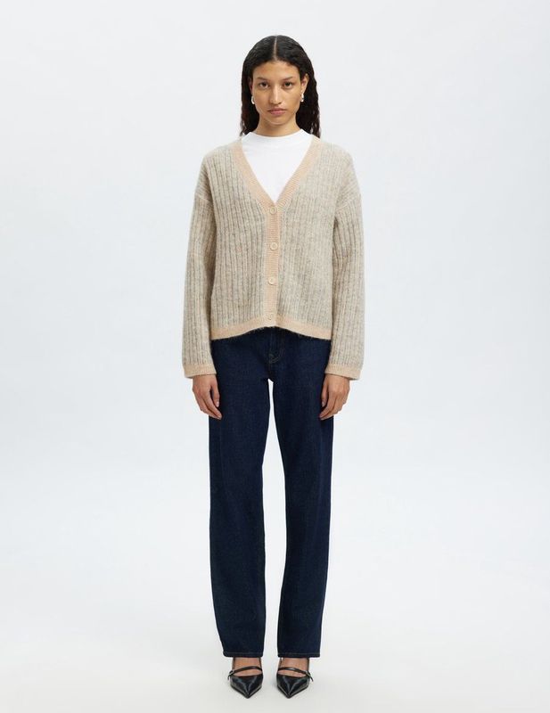 Selected Femme - slfalva ls knit stripe v-cardigan - Birch - Vest