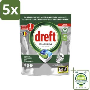 5 x Dreft - Vaatwastabletten - Platinum All-in-One Origineel - Compact formaat - 39 Tabletten - Grootverpakking - Vaatwastabletten - Vaatwasser Schoonmaken - Hardnekkig Vuil - Vaatwasser Filter - Vaatwasser Hygiënisch