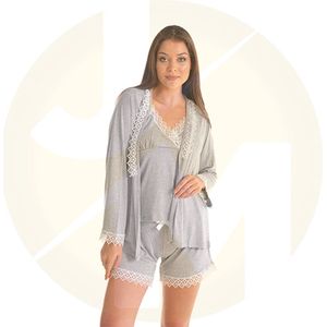 Dames nachtjapon | Tuniek van kant | Nachthemd voor dames | Dames pyjama | Cadeau voor dames | 4-delige set | kleur: grijs | maat: XL