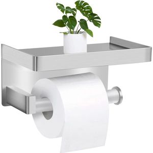 Toiletpapierhouder, zonder boren, roestvrij staal, wc-papierhouder met plank, zelfklevend, wandmontage, wc-rolhouder voor keuken en badkamer