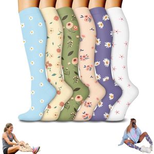 6 paar - Kniekousen - Unisex compressiekousen - Yogasokken - Compressie sportsokken met bloemenmotief - Antislip compressiekousen van polyester - Geschikt voor verpleegkundigen, hardlopers, atleten en reizigers